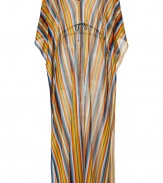 Make a dramatic poolside debut it Missonis ultra glamorous rainbow striped kaftan - V-neckline in front and back, draped 3/4 length sleeves, drawstring waistline, petrol stitched trim - Softly fitted with an adjustable drawstring waistline - Pair with studded sandals and an oversized statement tote