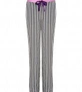 Ultra glamorous with their pattern mix and silky drape, Juicy Coutures striped pants are a seriously stylish take on sleepwear - Purple and black striped satin tie, pink dotted waistband, side slit pockets, dotted lining at ankle for contrast printed cuffs - Straight leg - Wear with a cami and shearling-lined slippers