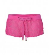 Seductive and sweet with their bright magenta lace, Juicy Coutures figure-hugging shorts are a fun choice for seriously sultry lounging - Solid stretch waistband, tonal grosgrain drawstring with gold-toned logo engraved aglets, logo charm - Form-fitting, extra short - Wear with the matching lace tank and a robe for cool weather lounging