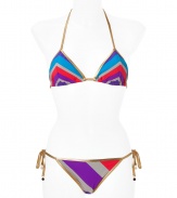 Stylish bikini in fine, multicolor nylon stretch blend - Vibrant and retro-chic in purple, blue and red with gold piping - Triangle top with adjustable cups ties at back and nape of the neck - Bikini brief ties at hips and offers full coverage at rear - Sleek and sexy, perfect for the pool or your next beach getaway - Wear solo or pair with a caftan and wedge sandals