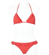 Look poolside pretty in this polka dot bikini from Juicy Couture - Classic triangle top with ruffle detail, dual back tie detail, classic bottoms with ruffle-detailed waist - Pair with a sheer caftan, wedge sandals, a floppy sunhat