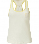 Casual yet sexy tank of fine, white synthetic-cotton blend - Feminine slim cut with round neckline, medium straps and a racer back - Decorative piping and small chest pocket - Favorite tank for relaxation or recreation - Fits well with jeans, athletic shorts or matching lounge pants