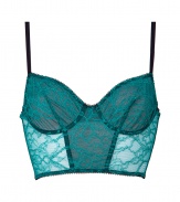 Turn up the heat with this retro-inspired lace underwire corslette bra from Kiki de Montparnasse - Delicate emerald floral lace with black underlay, underwire, soft cups, black adjustable straps, hook and eye closures, boned, sheer side panels - Perfect under evening dresses or with matching panties for stylish lounging