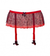 Turn up the heat to red hot with this ultra-flattering garter belt from Chantal Thomass - Figure-enhancing high waist, gathered red waistband, scalloped lace trim at hips, adjustable straps, black bows, vintage styling - Pair with a matching bra and panties for seductive lounging or wear under a retro-inspired frock