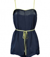 Detailed in super soft navy tumbled satin, Juicy Coutures neon trimmed romper is a sporty choice as comfy as it is chic - Neon lime adjustable spaghetti straps and trim, neon lime grosgrain self-tie sash with gold-toned logo engraved aglets, belt loops, scalloped trim, logo charm - Loosely fitted - Wear with an open cardigan and shearling lined boots for cool weather lounging