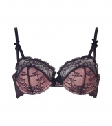 Get the sultry glamorous look of a vintage 1950s pin up girl in Von Follies by Dita Von Teeses black and peach-pink stretch lace and fishnet balconette bra - Underwire style with wired sides, structured cups with lightly padded half-cups, scalloped sheer black stretch lace trim on cups, triangle-detailed adjustable satin straps with silver-toned hardware, fishnet sides with sheer ruffled trim, iconic soft elastic triangle cross back detail, adjustable silver-toned back hook-and-eye closures - Wear with the matching briefs for a seriously seductive look