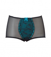 Get the sultry glamorous look of a vintage 1950s pin up girl in Von Follies by Dita Von Teeses black and deep rich turquoise stretch lace and mesh high-waisted briefs - Sheer black stretch lace front panel over deep rich turquoise, laced satin trim, sheer mesh sides and back with ruched detail - High-waisted, extra full coverage - Wear with the matching corset for a seriously seductive look