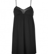 Stylish camisole slip dress in black silk and silk chiffon - Elegant gathering under the bust (empire effect) - Very slim spaghetti straps - The slip dress falls loose, yet fits snug - Stylish, yet sexy too, also wonderfully comfortable, thanks to the stretch content - Pair with the matching briefs