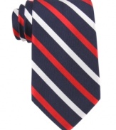 Put a little patriotism into your day with this red, white and blue striped silk tie from Tommy Hilfiger.