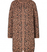 Work a wild edge into your new season look with Missoni Ms eye-catching intarsia knit cardigan coat - Collarless, long sleeves, single snap closure at throat, solid trim, side slit pockets, allover pale pink and black animal print - Fitted - Wear with sleek knits and slim fitting separates