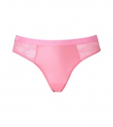 Sexy Brazilian-style thong in fine, pink synthetic fiber blend - Especially comfortable, thanks to a generous touch of stretch - Two sheer lace panels at either hip - Medium rise brief is cut moderately high, elongating the leg - Stylish and seductive, ideal for evenings in! - Pair with a matching bra