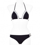 Look poolside pretty in this polka dot bikini from Juicy Couture - Classic triangle top with stripe, dual back tie detail with logo charms, classic bottoms with side stripe and bow - Pair with a sheer caftan, wedge sandals, a floppy sunhat