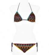 Inject urban attitude into your poolside look with Missonis dark-multi leaf patterned string bikini, detailed with bright colorblocked trim for an edgy modern finish - Self-tie charcoal string halter strap, hooked back - Self-tie side strings on bottom - Comes with a matching drawstring pouch - Wear with jet black sandals and oversized beach totes