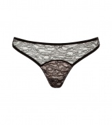 Luxe thong in fine nylon silk and stretch blend - A sultry, stylish must from luxury label Kiki de Montparnasse - Elegant black and champagne lace detail, sleek black piping - Flattering cut, modest coverage, sits comfortably on the hips - Works under just about anything and looks fabulous all by itself!