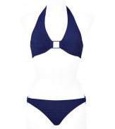 Bring the sexy to your poolside style with this chic bikini from Melissa Odabash - Triangle halter top with rectangular charm cut-out detail, slim fit bottoms with side rectangular charm cut-out detail- Pair with a sheer caftan, wedge heels, and a floppy hat