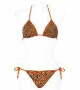 Stylish bikini in fine, synthetic fiber blend - Especially comfortable and flattering, thanks to a generous amount of stretch - Vibrant, orange-piped butterfly and leopard prints - Triangular halter top with adjustable cups ties at back and nape of neck - String brief ties at hips, offers modest coverage at rear - Sexy and fun, a must for you next vacation or beach getaway - Wear solo or layer beneath a caftan and pair with wedge sandals