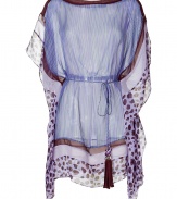 Amp up your beach-ready look with this luxe silk caftan from Diane von Furstenberg - Bateau neck, dolman sleeves with contrasting spotted print, tie belt at waist with tassels, draped side detail, relaxed silhouette, mini length - Pair with jeans and heels for evening or wear over a bikini for seaside chic