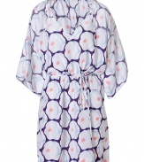 Luxe caftan in fine, pure printed silk - Supremely soft, lightweight material - Chic, multicolor floral motif - Deep v-neck and wide, 3/4 sleeves - Gathered, drawstring waist and tie detail at shoulders - Relaxed cut, hits mid-thigh - Perfect for the beach, holidays and leisure - Pair with a bikini, flat sandals or wedges and a raffia tote