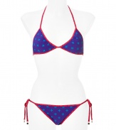 Stylish bikini in fine, multicolor nylon stretch blend - Vibrant purple and blue print with red piping - Triangle top ties at back and nape of the neck - Bikini brief ties at hips and offers modest coverage at rear - Sweet and sexy, perfect for the pool or your next beach getaway - Wear solo or pair with a caftan and wedge sandals