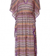 Light and lovely caftan dress in chocolate and honey iconic Missoni pattern - Long, loose silhouette features flowing, wide, mid-length sleeves with contrasting deep purple welt seams, deep v-neckline and fitted waist - Perfect for the boho-hippie look with flats or sandals