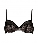 Luxe bra in fine nylon silk and stretch blend - A sultry, stylish must from luxury label Kiki de Montparnasse - Elegant black and champagne colorblock lace detail, sleek black piping - 3/4 cups, slim straps - Flexible underwire, ample coverage ideal for larger busts - Wear beneath just about anything and pair with matching brief or thong