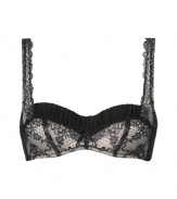 Turn up the heat in this ultra luxe lace bra from Chantal Thomass - Cleavage-enhancing balconette style, lace overlay, gathered detail at bust, wide straps, front bow detail - Wear under your favorite dress or sheer blouse