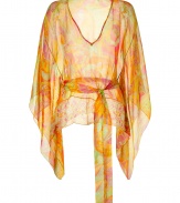 Your warm weather look just got more luxe with this beach-ready silk caftan from Matthew Williamson Escape - V-neck, long flutter sleeves, self-tie waist belt, asymmetrical hem, all-over psychedelic print - Pair with a tank, skinny jeans, and sandals or over a printed bikini with flat sandals