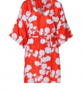 Luxe caftan in fine, pure printed silk - Supremely soft, lightweight material - Chic, red and white floral motif - Deep v-neck and wide, 3/4 sleeves - Gathered, drawstring waist and tie detail at shoulders - Relaxed cut, hits mid-thigh - Perfect for the beach, holidays and leisure - Pair with a bikini, flat sandals or wedges and a raffia tote