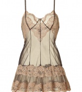 Bring luxury into the bedroom with this ultra-stylish chiffon baby doll from La Perla by Jean Paul Gaultier - V-neck with lace detail, adjustable straps, front seaming detail, tired lace hem, semi-sheer - Wear underneath a revealing dress or pair with panties for stylish lounging