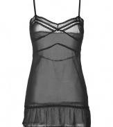 Seductive camisole dress in fine, black stretch silk - From acclaimed lingerie desinger Kiki de Montparnasse - Elegant sheer material with decorative accent stitching - Thin spaghetti straps - Sweet ruffled hem - Loose dress is also body-hugging - Sophisticated and sexy at the same time