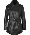 Luxe in leather with cool micro quilting and a longer length, Theyskens Theorys jet black coat counts as a must for urbane looks - Notched collar with off-center zipper, long sleeves, zippered cuffs with leather insert, zippered slash pockets, quilted side detail, belted waistline, belt loops, micro quilted hemline - Fitted - Wear over everything from tees and jeans to micro minis and heels