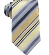 Go bold. A classic striped tie from Kenneth Cole Reaction is punctuated by a power color palette.