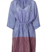 Luxe caftan in fine, pure colorblocked purple printed silk - Supremely soft, lightweight material - Perennially chic, contrast stripe motif - Deep v-neck and wide, 3/4 sleeves - Gathered, drawstring waist and tie detail at shoulders - Relaxed cut, hits mid-thigh - Perfect for the beach, holidays and leisure - Pair with a bikini, flat sandals or wedges and a raffia tote