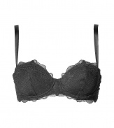 Black lace bra in synthetic fiber blend - with cups - slightly padded with push-up effect - small cups which work great with small sizes, too - detachable straps, skidfree silicon rubber line - classic and beautifully delicate - perfect for low necklines which reveal some of the lace - wear best with matching hipster