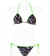 With a classic triangle top and side-tie bottoms, this fiercely printed bikini will add instant pop to your resort collection - Padded bikini top, all-over animal print with contrasting neon straps, tie detailed bottoms - Wear with a sheer caftan and sandals