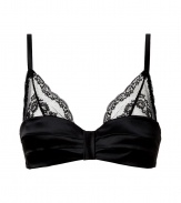 Sultry black satin and lace padded underwire bra - Turn up the heat in the boudoir in this edgy yet feminine bra - Stylish bandeau detail, slightly padded cups, and lace accents - Perfect with a low-cut top or alone on its own - Made by high-end French lingerie designer Chantal Thomass