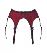 Get the sultry glamorous look of a vintage 1950s pin up girl in Von Follies by Dita Von Teeses black and luxury red spotted stretch mesh suspender belt - Sheer black hail spot mesh over luxury red front, scalloped lace trim, sheer mesh back, adjustable hook-and-eye closures, stitched satin and lace garter straps with clips - Wear with a fitted chemise and silk stockings for a seriously seductive look