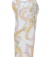 Blossom into spring sophistication in Emilio Puccis whimsical floral print draped jersey tunic dress - Wide neckline, asymmetrical cap sleeves, gathered side drape - Loosely fitted top, form-fitting skirt - Pair with bright pumps for a seamless transition from work to cocktails