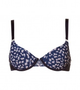 Elegant dark blue patterned bra in fine stretch synthetic - Demi cups work well even for small sizes - Lightly padded, makes for a nice push-up effect - Slim, length adjustable outer straps, great for almost all neckline types - Back hook closure - A minimum of spandex ensures a perfect fit - Sexy, stylish and seductive - Possible as a set