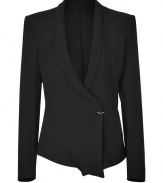 Detailed with a single textural metal button, Helmut Langs shawl collar jacket is an exquisitely edgy take on the brands iconic look - Shawl collar, long sleeves, structured shoulders, textured metal button closure, zippered side slit pockets, asymmetrical high-low hem - Loosely tailored fit - Wear with a draped tank, leather leggings, and platform heels