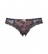 Get the sultry glamorous look of a vintage 1950s pin up girl in Von Follies by Dita Von Teeses black and nude stretch lace bikini briefs - Black stretch lace paneled front with slinky lightweight satin nude underlay, sheer black ruffled lace trim, sheer stretch lace sides and back, stitched nude satin trim - Full coverage - Wear with the matching balconette bra for a seriously seductive look