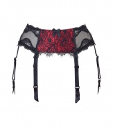 Get the sultry glamorous look of a vintage pin up girl in Von Follies by Dita Von Teeses black and luxury red 40s-inspired eyelash lace suspender belt - Black stretch lace paneled front with sheer luxury red underlay, sheer black scalloped lace trim, fishnet sides and back, adjustable back hook-and-eye closures, satin garter straps with clips - Wear with the matching balconette bra and silk stockings for a seriously seductive look