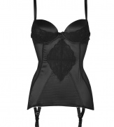 Get the sultry glamorous look of a vintage 1950s pin up girl in Von Follies by Dita Von Teeses quilted black satin detailed corset - Underwire style, lightly padded cups, stretch lace over black lightweight satin, adjustable satin straps with gold-toned hardware, gold-toned back hook closure - Sheer mesh body with quilted satin front panel, satin garter straps with gold-toned clips - Wear with silk stockings for a seriously seductive look