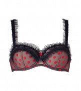 Get the sultry glamorous look of a vintage 1950s pin up girl in Von Follies by Dita Von Teeses black balconette bra, detailed with ruffled mesh trim and fun red embroidered dots - perfect for giving as a saucy holiday gift! - Underwire style with wired sides, lightly padded structured nude cups, ruffled sheer black mesh trim, dotted mesh trim on cups, dotted mesh sides, ruffle detailed thick straps, iconic soft elastic triangle cross back detail, adjustable hook-and-eye closures - Wear with the matching briefs for a seriously seductive look