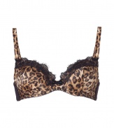 Get the sultry glamorous look of a vintage 1950s pin up girl in Von Follies by Dita Von Teeses wild animal print satin balconette bra - Underwire style with wired sides, lightly padded structured cups, slinky lightweight satin with sheer black stretch lace overlay, scalloped lace trim on cups, animal print mesh sides, wide adjustable straps with gold-toned hardware, iconic soft elastic triangle cross back detail, adjustable gold-toned back hook-and-eye closures - Wear with the matching panties for a seriously seductive look