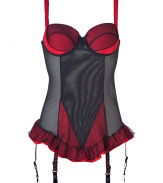 Get the sultry glamorous look of a vintage 1950s pin up girl in Von Follies by Dita Von Teeses black and luxury red spotted stretch mesh ruffled fitted chemise - Underwire style, lightly padded structured cups, slinky red lightweight satin detailing over sheer black hail spot stretch mesh, scalloped trim on cups, wide adjustable straps, adjustable back hook-and-eye closures - Sheer mesh body, sheer black hail spot mesh over luxury red satin ruffled trim around hemline, stitched satin and lace garter straps with clips - Wear with silk stockings for a seriously seductive look