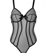 With a vintage-inspired silhouette and sweet scalloped trim, Chantal Thomass black mesh bodysuit is a glamorous choice - Seamed mesh cups, nude dotted mesh underlay, oversized front bow, sweetheart neckline, wide adjustable straps, scalloped trim, seamed body, cutout back with oversized bow detailing, hidden snap closures at crotch - Perfect under virtually any outfit, or worn alone for sultry lounging