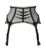 Turn up the heat while cutting an ultra feminine figure in Chantal Thomass vintage-inspired sheer black garter belt - Figure-enhancing high waist with boning, gathered scalloped waistband, scalloped lace trim, adjustable straps, back hook and eye closures, vintage styling - Pair with a matching bra and panties for seductive lounging or wear under a retro-inspired frock