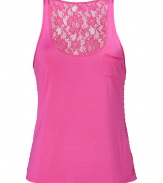 Seductive and sweet with its lace back and bright magenta coloring, Juicy Coutures super soft tank is a fun choice for layering and lounging alike - Solid jersey front, chest pocket, thick straps, tonal satin trim, lace back - Loose fit - Wear with the matching lace shorts for seriously sultry lounging