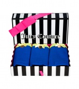 Packaged in a sweet striped box, Juicy Coutures set of 3 undies are as comfy as they are chic - Set of 3 royal blue cotton stretch boyshorts with lemon lace trim, gold-toned logo engraved heart charm, comes in a gift box - The perfect stocking stuffer for your favorite girl